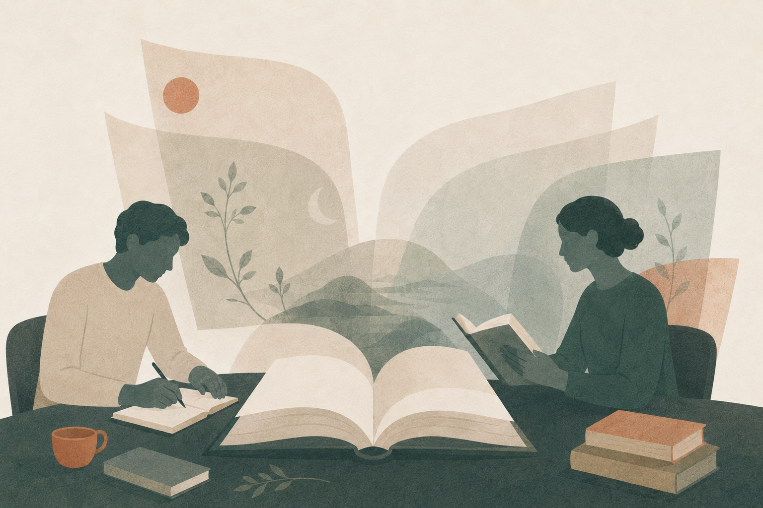 開いた書籍を前に、関係について考える二人を描いたイラスト
